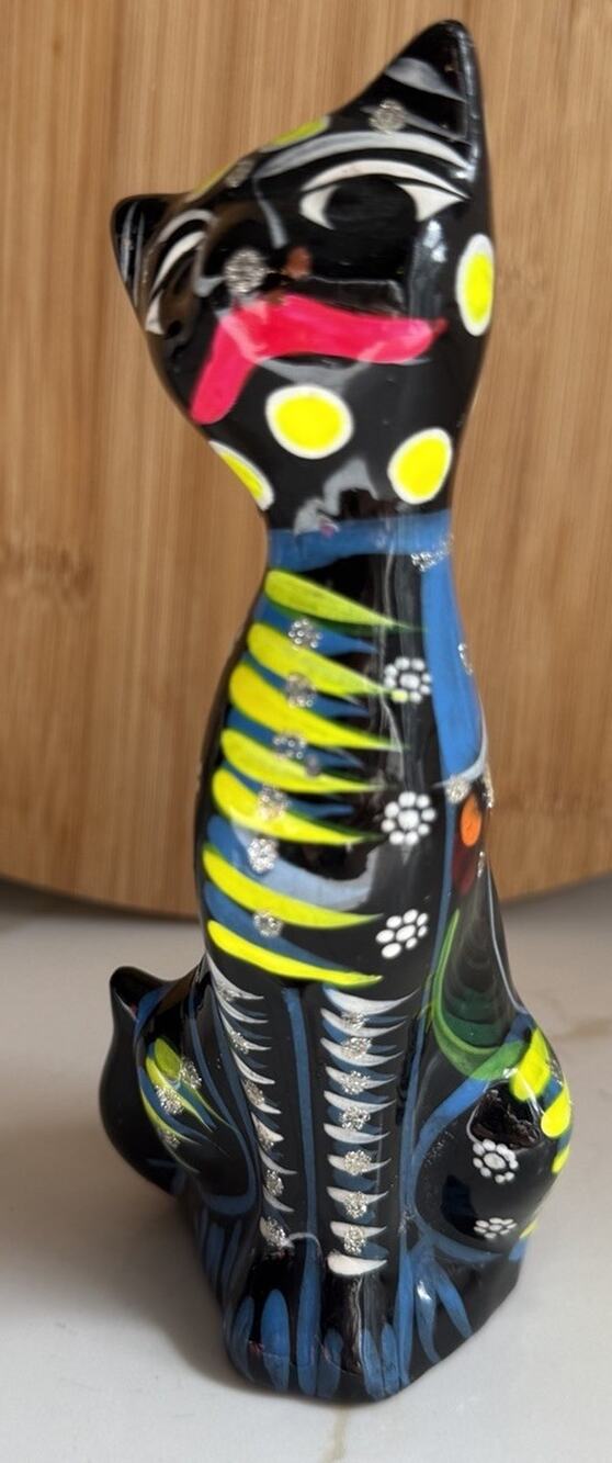 Vintage Cat Figurine Hand Painted Skeleton Mexican Folk Art Clay Pottery 6”